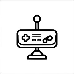 A black and white line drawing of a vintage video game joystick with buttons and a directional pad on top