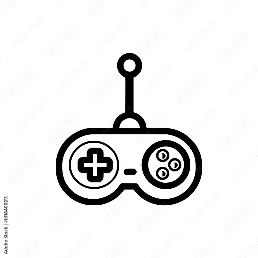 Poster a simple black and white illustration of a game controller with a joystick and buttons on a white ba