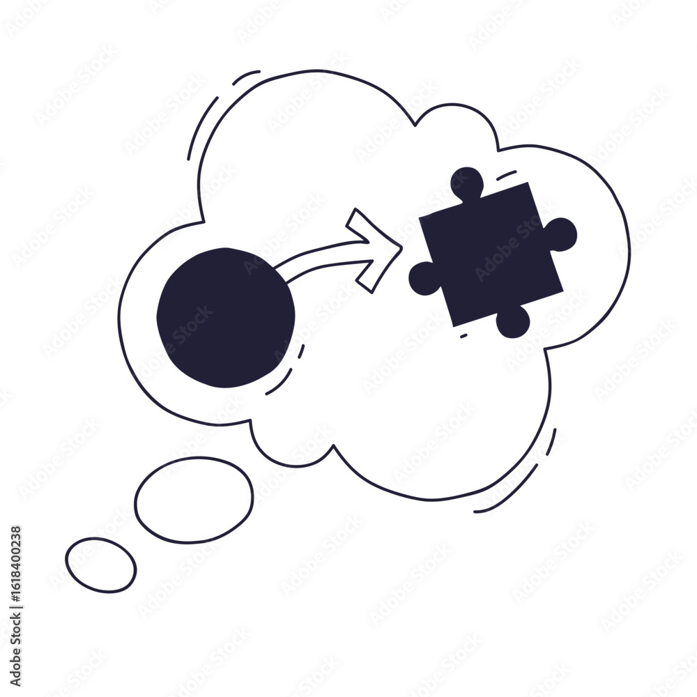 Poster a doodle of a thought bubble showing an idea (circle) transforming into a solution (puzzle piece). i