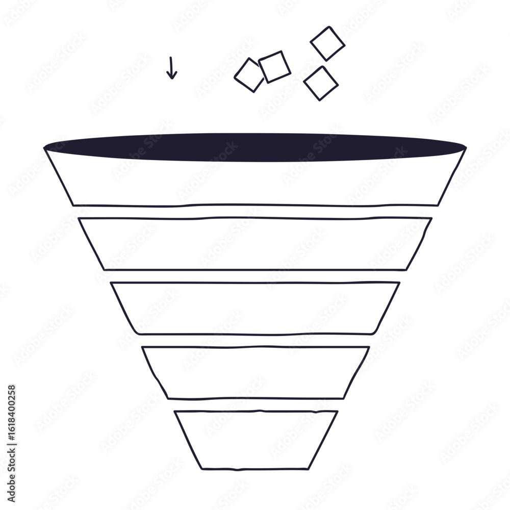Aufkleber minimalist diagram of a 5-stage funnel with inputs entering the top. represents a five-step conversi