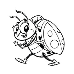Cartoon line art of a cute bug character carrying a backpack on a white background