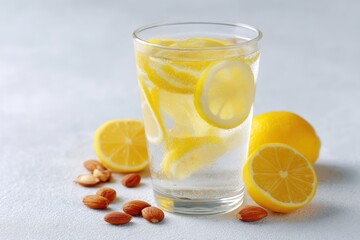 Refreshing Lemon Water with Slices and Almonds on Light Gray Background for Healthy Lifestyle