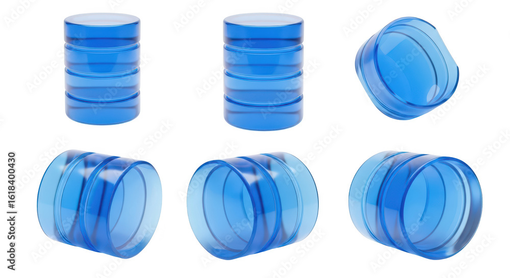 Poster rendered blue glass cylinders set changing perspective angles on white backdrop for database storage