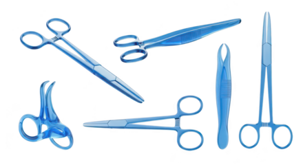 Multiple blue surgical tools arranged on a white surface for medical procedures showcasing design and use in healthcare