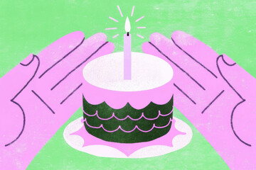 Celebrating a birthday with a pink cake and lit candle surrounded by hands ready to celebrate