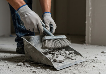 Construction worker cleaning debris from the floor with a broom in a renovation project early in the day