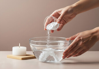 Mixing salt with water in a glass bowl beside a lit candle for relaxation purposes