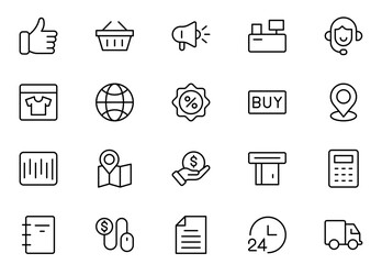 E-Commerce web outline icon set. Online shopping icons for web and mobile app. Business, mobile shop, digital marketing, bank card, gifts, sale, delivery. Vector illustration
