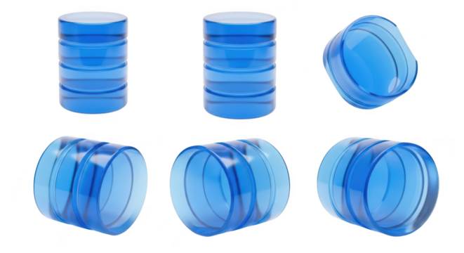 Rendered blue glass cylinders set changing perspective angles on white backdrop for database storage or information concepts