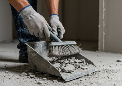 Construction worker cleaning debris from the floor with a broom in a renovation project early in the day