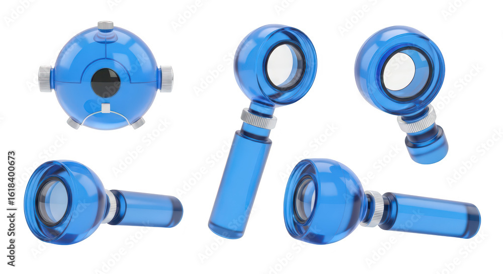 Poster Blue magnifying glass objects arranged on white background for inspection searching or data analysis