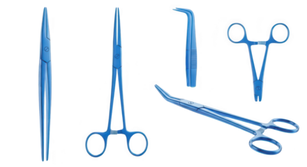 Blue surgical instruments arranged on a white backdrop illustrating tools used in medical procedures highlighting medical concepts