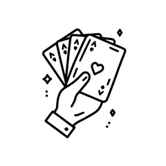 Hand holding playing cards with heart and diamond suits in a minimalist black and white line drawing style