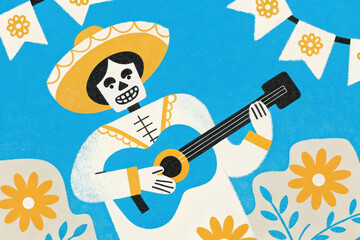 Colorful illustration of a musician playing guitar at a festive celebration with flowers and decorations