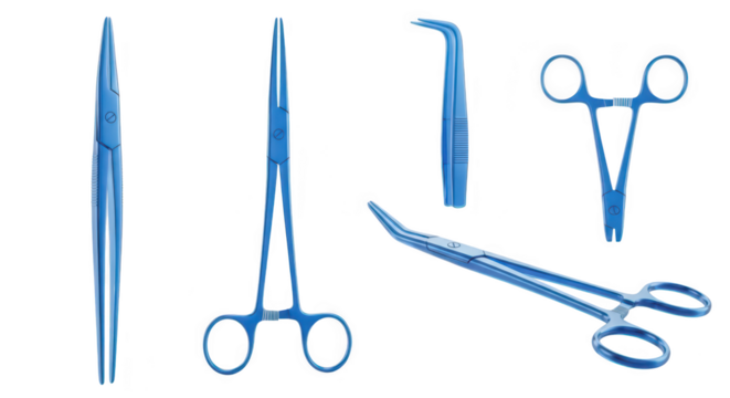 Blue surgical instruments arranged on a white backdrop illustrating tools used in medical procedures highlighting medical concepts