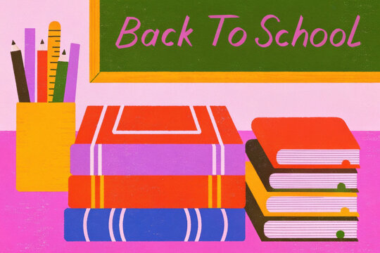 Colorful school supplies and books arranged on a desktop inviting students for the new academic year