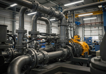 Industrial machinery setup with piping and motors in a manufacturing facility