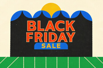 Black Friday sale banner showcasing vibrant colors and a sun setting behind stylized rooftops in a retail context