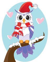 Christmas card a branch with owls in winter