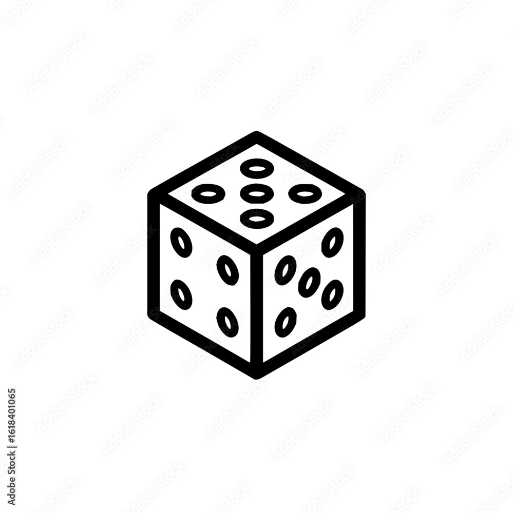 Poster illustration of a single black outline dice with three visible sides and circular pips on each side