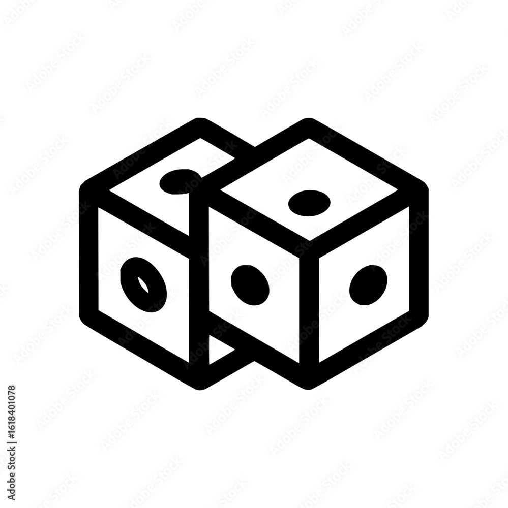 Poster illustration of two dice stacked slightly overlapping each other with black outlines and dots on fac