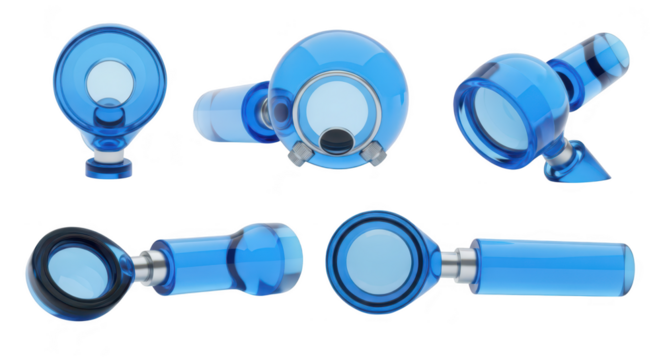 Transparent blue magnifier tools showcased in multiple views highlighting details against a clean white backdrop for education or product presentations