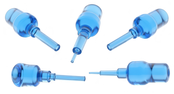 Multiple blue glass pipettes are arranged against a white background The pipettes are positioned in various orientations Possible use in scientific research or medical practice
