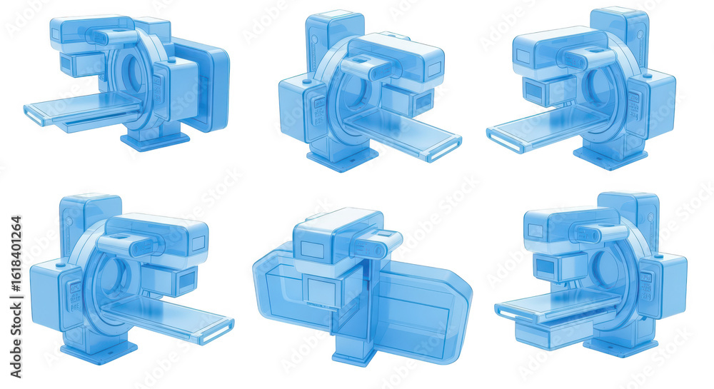 Poster six ct scan machine models rendered in a blue translucent style on a plain white background used for