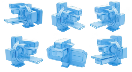 Six CT Scan machine models rendered in a blue translucent style on a plain white background used for medical imaging