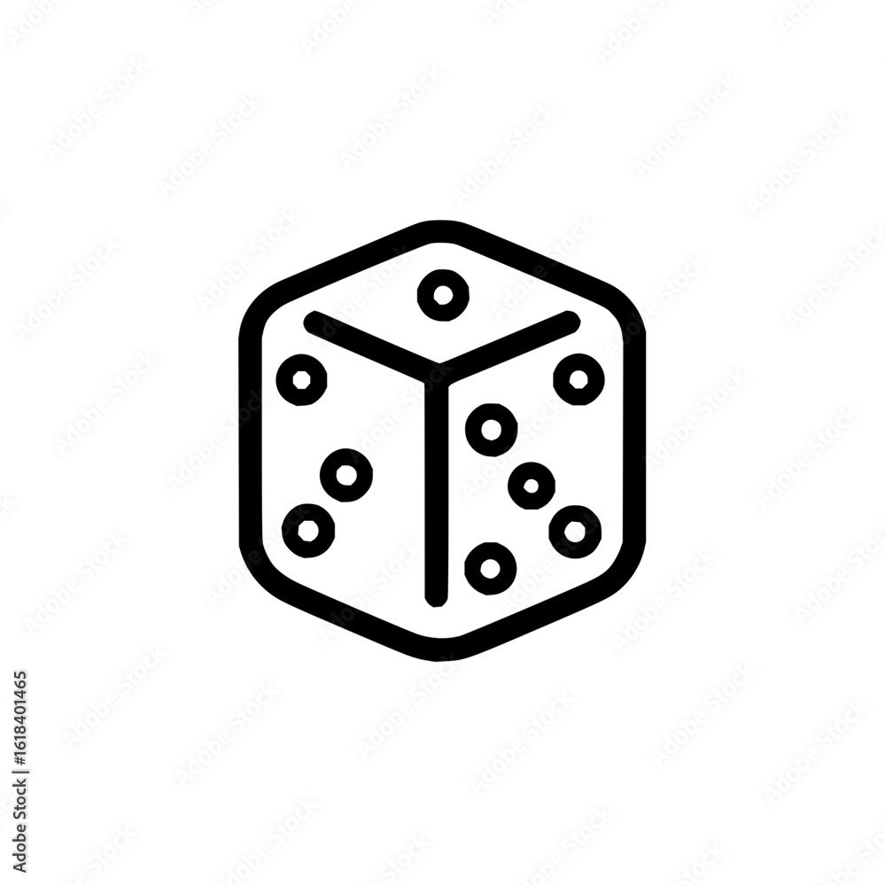 Poster a simple line drawing of a six sided die with rounded corners and pips indicating the numbers on eac