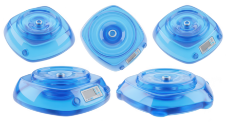 Multiple views of a blue transparent futuristic electronic device against a white backdrop possibly for technological or scientific use
