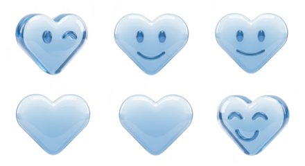 Glass heart icons winking smiling neutral expressions displayed on white background used for love affection emotions or social media
