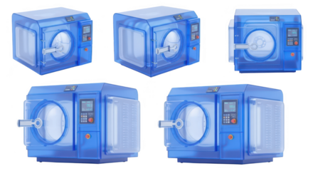 Rendered transparent blue scientific lab equipment isolated on white showcasing the various angles Used for research and development