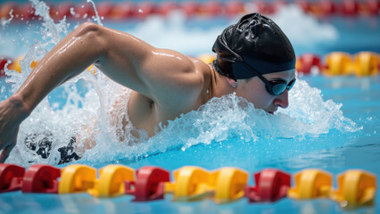 Competitive swimmer performing butterfly stroke pool, showcasing strength and focus. Water splashes around, highlighting athleticism