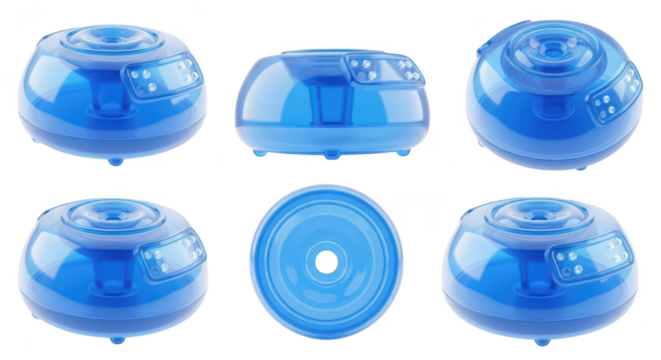 Transparent blue air humidifier multiple angles isolated on white designed for home use provides clean indoor air