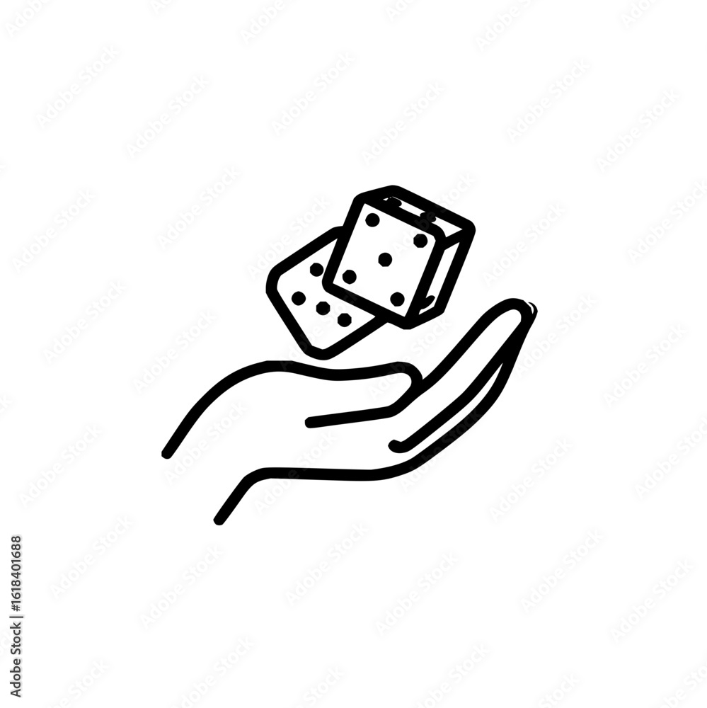 Aufkleber outline drawing of a hand holding two dice with visible pips on a white isolated background view
