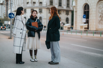 Three fashionable women in conversation on a city street, embodying collaboration, style, and...