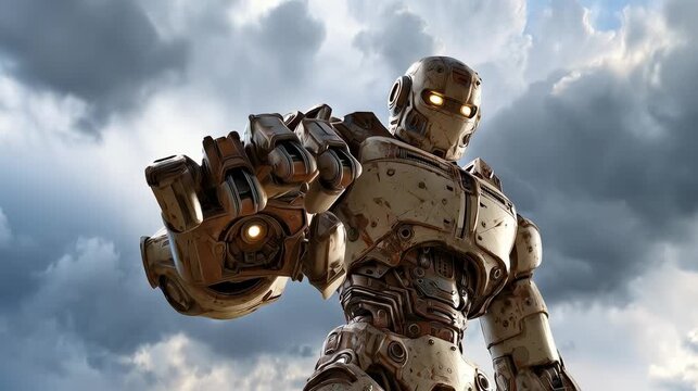 Futuristic Robot Reaching Out Against Dramatic Cloudy Background