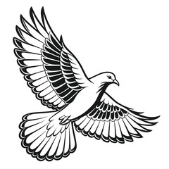 Obraz premium Illustration of a flying dove bird with spread wings in black and white outline style isolated on white background
