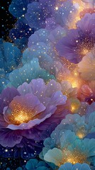Luminous Fantasy Flowers With Glowing Petals and Sparkling Light Effects on a Dreamy Starry Background