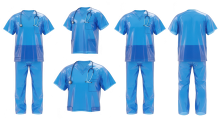 Medical scrubs front and back displayed against white used for healthcare depictions emphasizing design and functionality