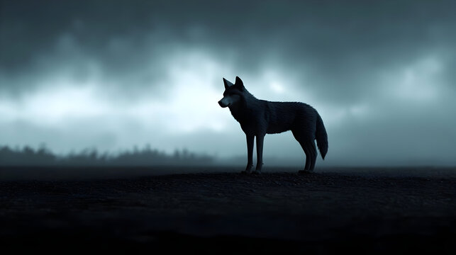 Silhouette Of Wolf In Dark Stormy Landscape