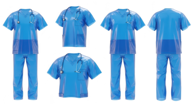 Medical scrubs front and back displayed against white used for healthcare depictions emphasizing design and functionality