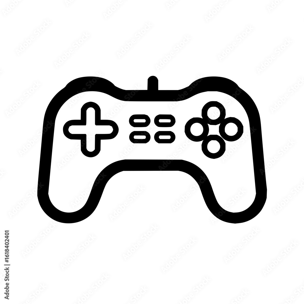 Poster illustration of a black and white game controller with a d pad and four buttons for gaming console u