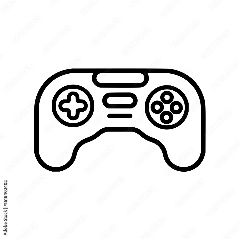Poster a simple line drawing of a game controller with a directional pad and four buttons in black outline 