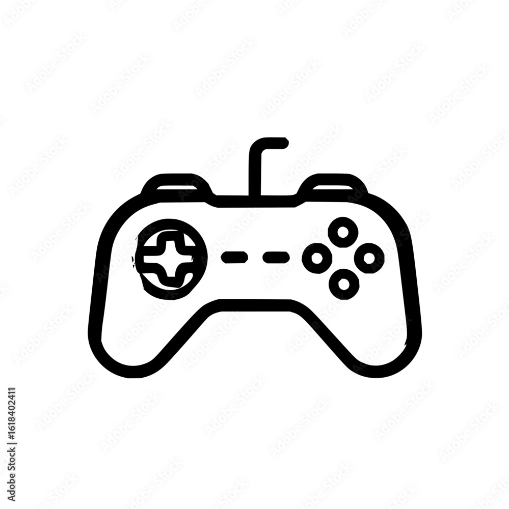 Poster a black and white line drawing of a game controller with buttons and a joystick on a white backgroun