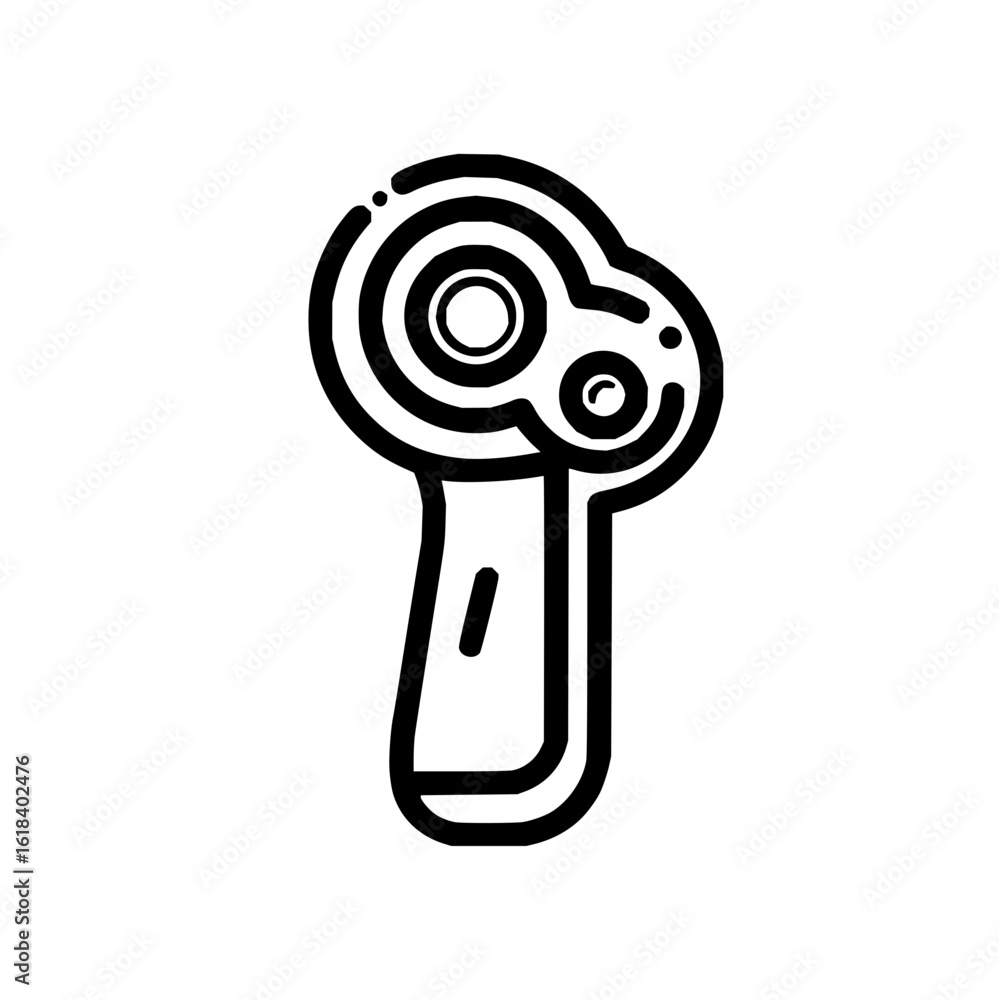 Poster an abstract illustration of a handheld device with circular elements and a handle in black outline