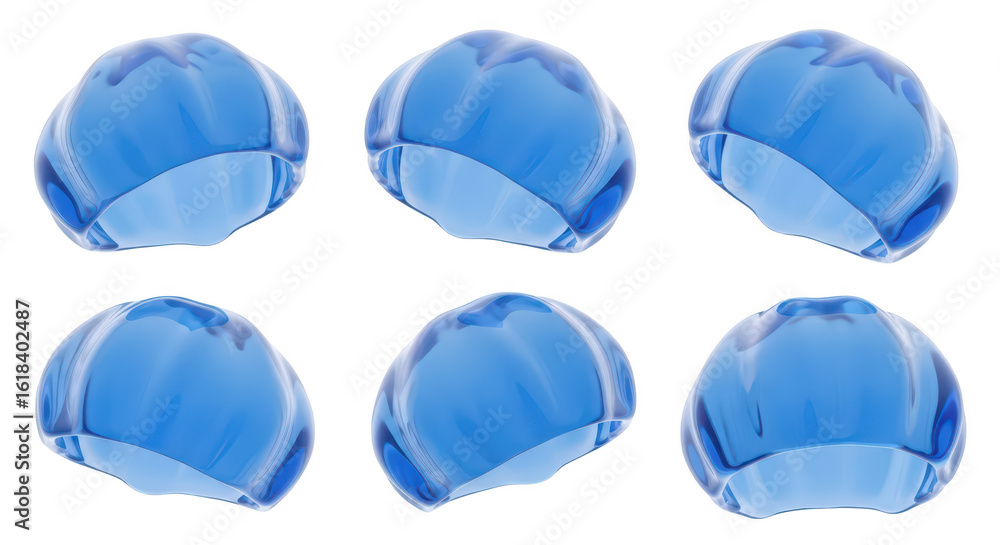 Poster six 3d rendered transparent blue spheres on a white background rotating perfect for abstract design 