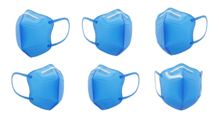 Six blue face masks arranged on a white background providing protection from viruses Suitable for health safety and medical content