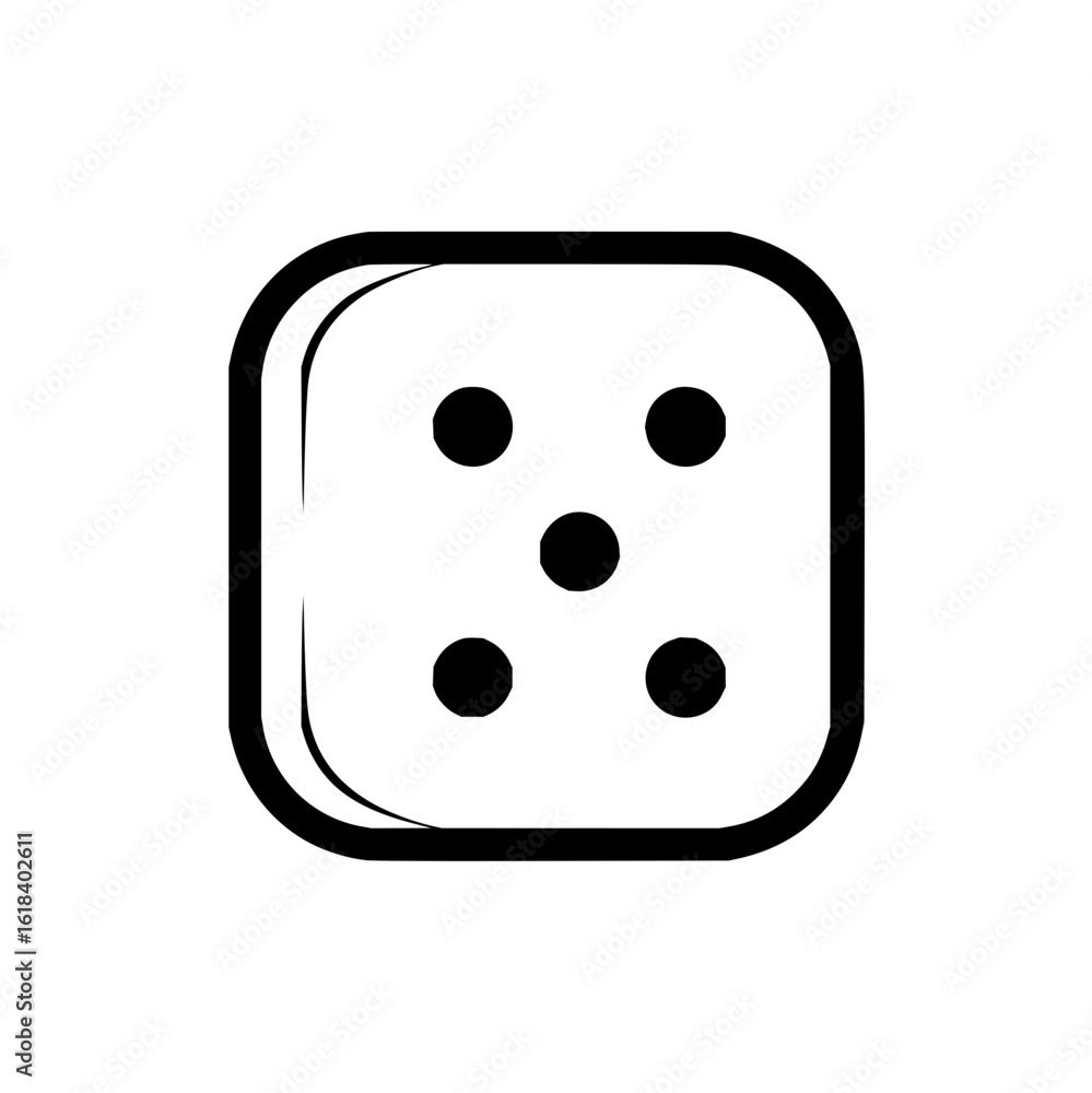 Poster illustration of a white die with rounded edges showing the number five using black circles on each f